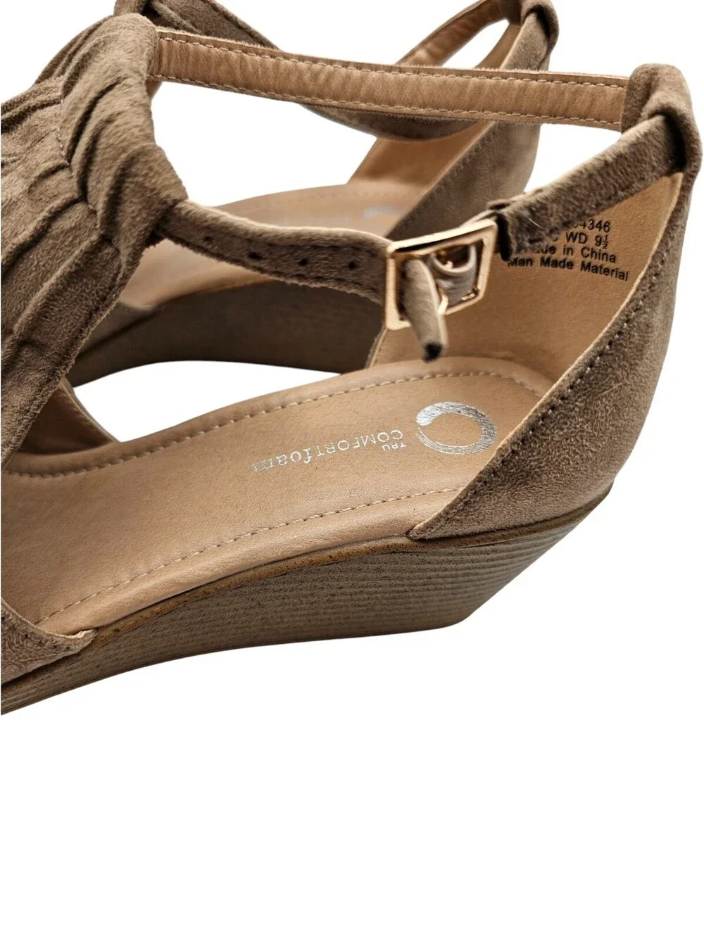TPU Comfortfoam Womens Sz 9.5 Wedge Ankle Strap High Heel Shoes Beige